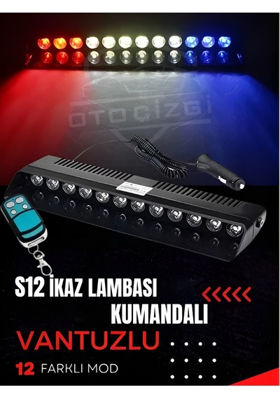 S12 Kumandalı Vantuzlu İkaz Lambası 12 Mod Kırmızı Beyaz Mavi Led Uyarı Işığı