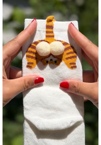 Lousocks Unisex Bej Krem Kedi Desenli Ponpon Soket Çorap