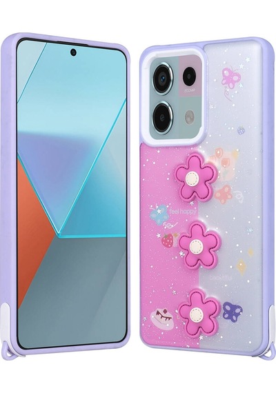 Xiaomi Redmi Note 13 Pro 5g Kılıf Parlayan Simli Kabartma Figürlü Zore Cevze Kapak Mor Papatya