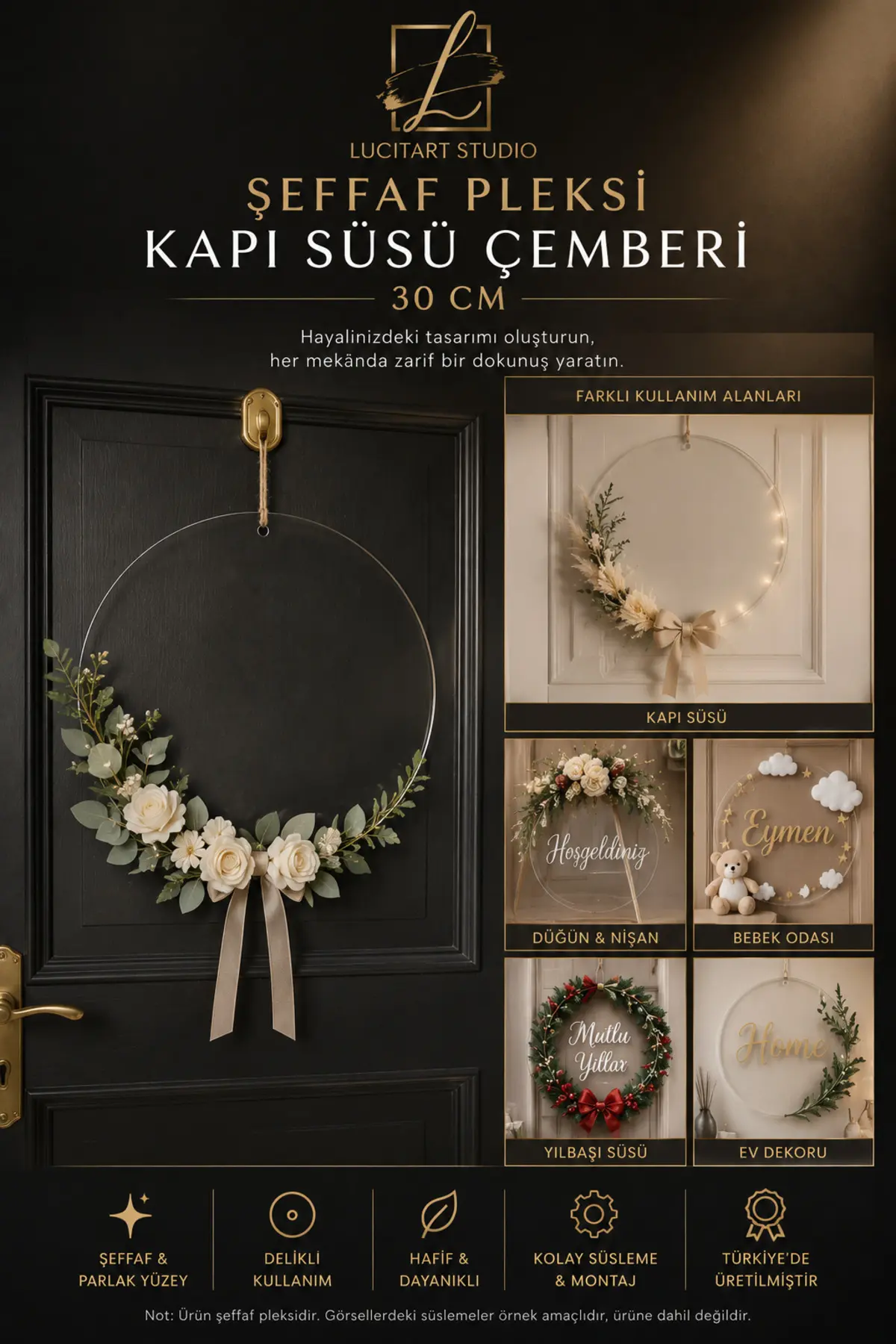 Studio Şeffaf Pleksi Çember 30 Cm 2mm Kalınlığında Kapı Süsü & Dekor Tasarım Halkası Kapı Süsü Çemberi Delikli Yuvarlak Boş Pleksi 30 x 30 CM