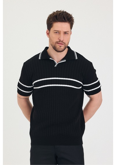 Cool Tarz Erkek Yaka Kol Göğüs Beyaz Çizgi Detaylı Siyah Triko T-shirt Siyah Siyah
