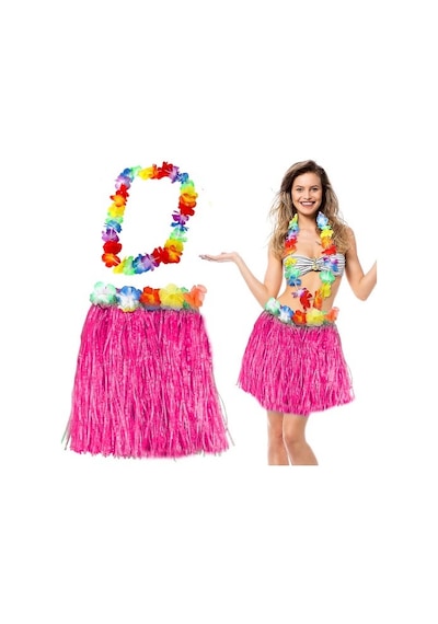 Hawaii Luau Aloha Pembe Püsküllü 40 Cm Etek Ve Hawaii Kolye Seti +3