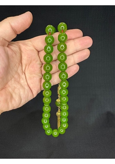Sevgiliye Özel Hediye Sıkma Çubuk Kehribar Tesbih Açık Yeşil Renk Küre Kesim 13,5 Mm H-1601.