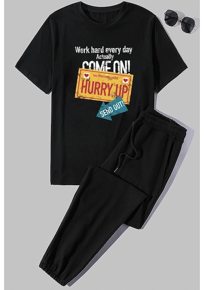 Uyguntarz Unisex Hurry Up Baskılı 2'li Eşofman Takımı Siyah