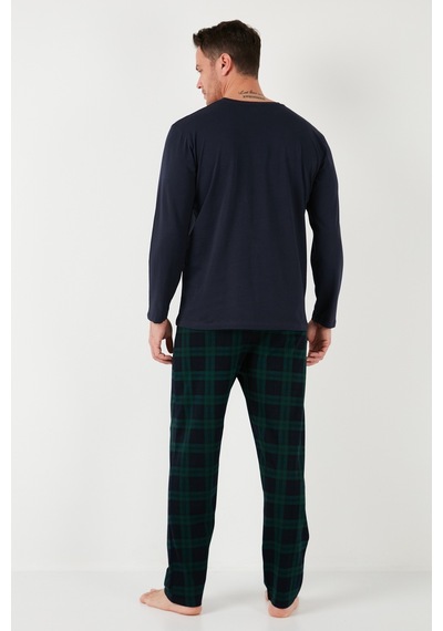 Buratti Ekoseli Pamuklu Beli Lastikli Regular Fit Uzun Kollu Erkek Pijama Takımı 6572003 Lacivert