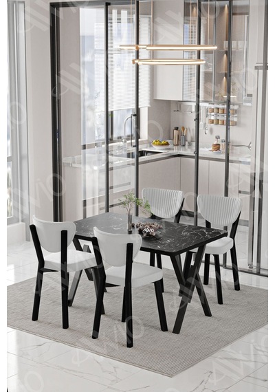 Avvio Carla Elma Sandalye 80x120 Yemek Masası Mutfak Masası 4 Kişilik Masa Sandalye Takım Siyah Mermer