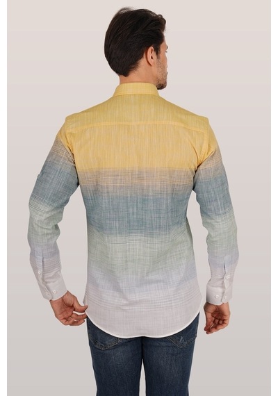 Panolu Sarı Yeşil Geçişli Slimfit Keten Erkek Gömlek Sarı