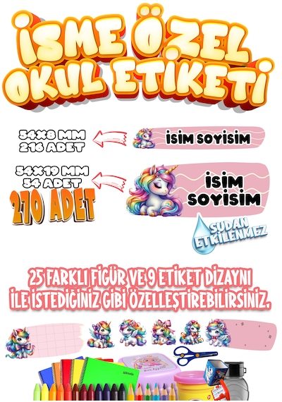 Okul Etiketi Kalem Defter Etiketi İsme Özel Etiket Set07
