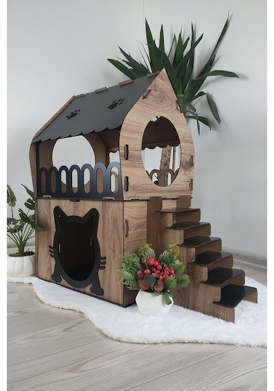 Digitus Kedi Evi Teraslı İki Katlı Merdivenli