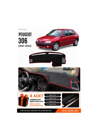 Peugeot 306 1993-2002 Uyumlu Torpido Örtüsü, Torpido Kılıfı - Siyah-kırmızı - Pe008