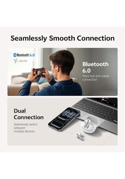 Melobuds N60 Aktif Gürültü Önleyici Kablosuz Kulaklıklar, 6-mic Kablosuz Ldac Yüksek Çözünürlüklü 56db Anc Kulak Tomurcukları, Çift Sürücü, Hızlı Şarj 45h Çalma Süresi, Uyarlanabilir Eq, Ipx5 Su