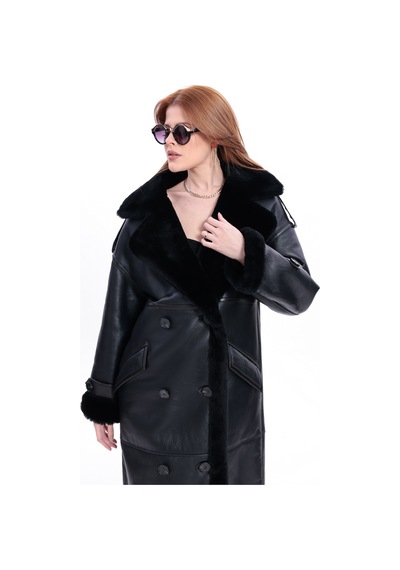 M M Marki Marki Kadın Hakiki Deri Uzun Palto Siyah Oversize Kruvaze Düğmeli İçi Kürklü 115 Cm M M Marki Marki Kadın Hakiki Deri Uzun Palto Siyah Oversize Kruvaze Düğmeli İçi Kürklü 115 Cm