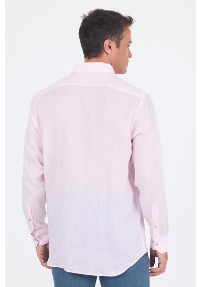 İmza Uzun Kol Düz Keten Düğmeli Yaka Cepsiz Casual Comfort Fit Gömlek 1004250114 Pudra