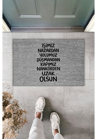 Rugmood Modern Dijital Baskı - İşimiz Nazardan Yolumuz Düşmandan Kapımız Nankörden Uzak - Kapı Önü Paspası Gri