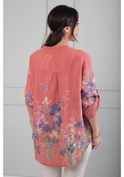 By Saygı Kadın Çiçek Desenli İtalyan Cotton Oversize Gömlek Kiremit