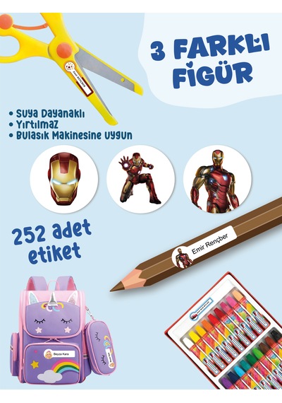 Okul Etiketi Kalem Defter Etiketi Demir Adam Iron Özel İsim Yazılabilen Etiket - 252adet