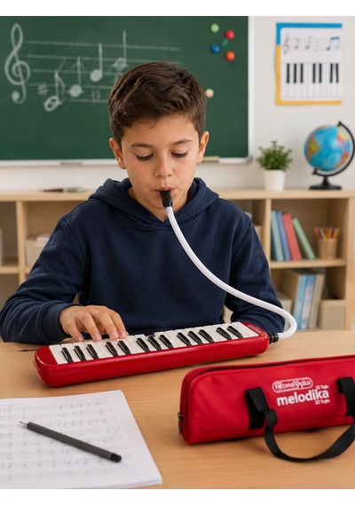 Helvacıoğlu 32 Tuşlu Kırmızı Melodika Çantalı Hortumlu Ağızlıklı Okul Müzik Aleti Çok Renkli