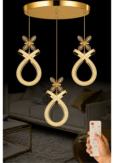Karuna Model 3 Lü Gold Kaplama 3 Renk Kumandalı Salon Mutfak Oturma Yatak Odası Modern Led Avize