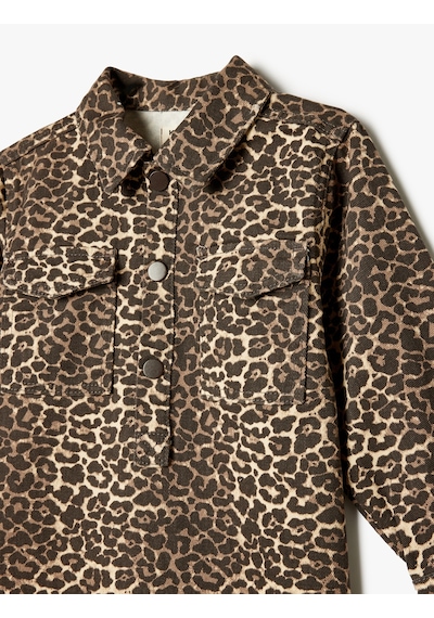 Koton Gömlek Yaka Elbise Leopar Baskılı Uzun Kollu Cep Detaylı Pamuklu Leopar Desenli 5wkg80009ad Leopar