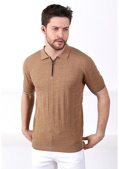 Ferraro Camel Polo Yaka Fermuarlı Erkek Pamuk Triko T-Shirt-Kahverengi (417942102) Kahverengi