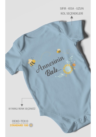 Morivokids Annesinin Balı Kısa Kollu Bebek Body %100 Pamuk Bebe Mavisi