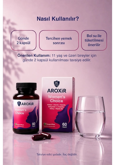 Aroxir Women's Choice Kadın Sağlığı Aronya, Aserola, Rodiola, Dong Quai, L-triptofan, Kohoş, Vitamin B6 60 Kapsül