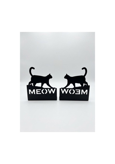 Kedi Figürlü Ve Meow Yazılı Metal Kitap Tutacağı - Siyah Dekoratif Kitap Desteği