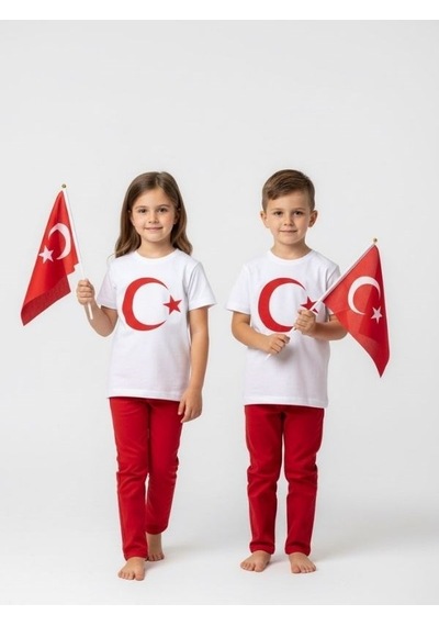 Zekids Çocuk Ay Yıldız Baskılı Yarım Kollu T-shirt-17206 Beyaz