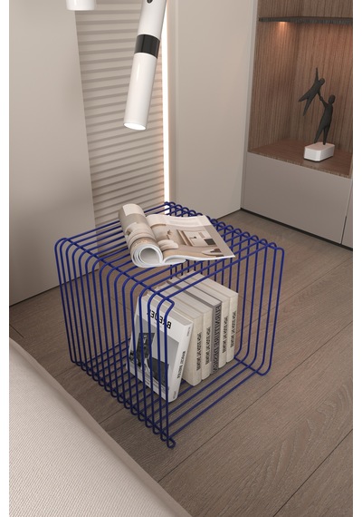 Miami Minimalist Metal Tel Kare Yan Sehpa Modern Küp Yan Sehpa & Modüler Kitaplık Dergilik Kobalt Mavi