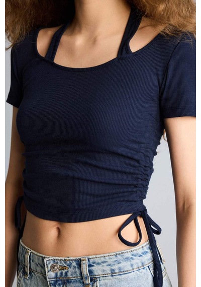 Defacto Fıtted Halter Yaka Kısa Kollu Tişört G7955ax26hsnv147 Lacivert-nv147