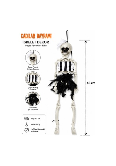 Beyaz Fiyonklu Tüllü İskelet Süs 43 Cm Halloween Cadılar Bayramı Parti Malzemesi