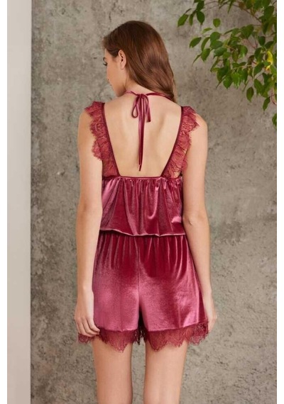 Pierre Cardin Dantelli Kadife Tulum Sabahlık Takım 4800 Bordo 001