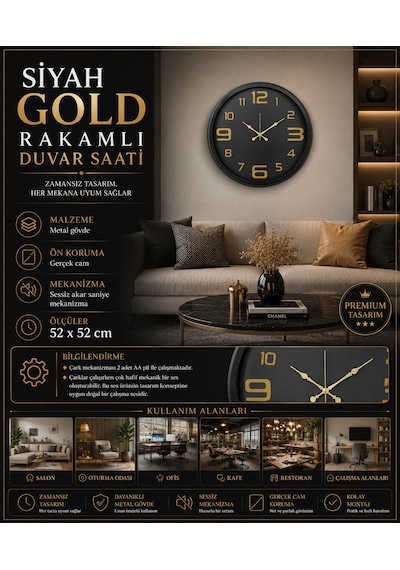 Siyah Gold Rakamlı 52 X 52 Cm Duvar Saati