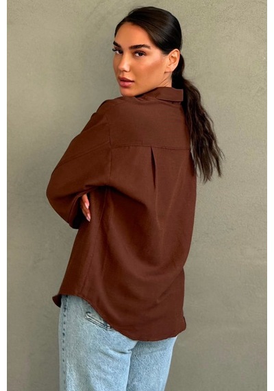 Madmext Kahverengi Keten Kadın Gömlek Mg2797