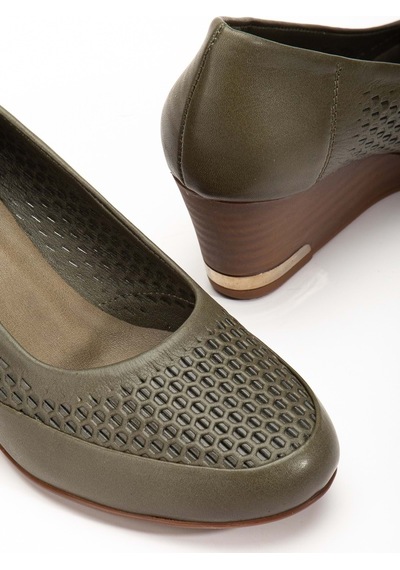 Analin Shoes Kadın Hakiki Deri Petek Baskılı Dolgu Topuklu Ayakkabı Dark Olive