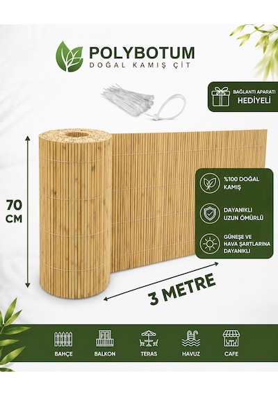 Polybotum Premium Doğal Kamış Hasır Balkon Çiti 70x300 Cm Sık Dokuma Dayanıklı Bahçe, Teras Ve Balkon İçin Dekoratif Gizlilik Çiti Sarı - Siyah