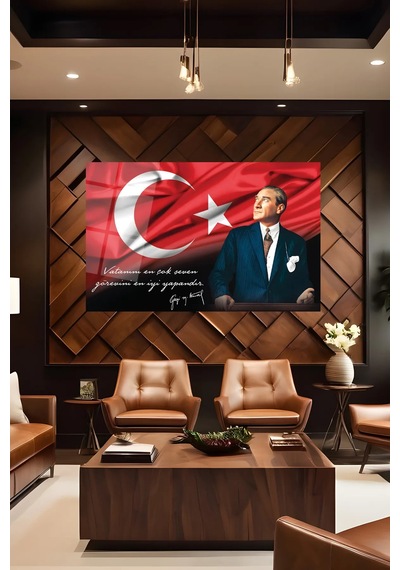 Atatürk Portre Ve Türk Bayrağı Vatanını En Çok Seven Görevini En İyi Yapandır Cam Tablo, Hediyelik
