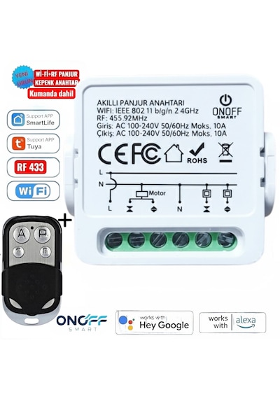 Onoff Tuya Wifi + Rf Akıllı Kepenk Panjur Anahtar Röle 10 Amper Kumanda Dahil Tuya Wifi