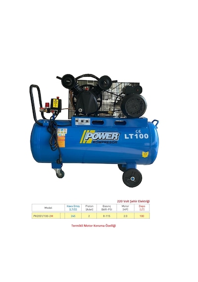 Power PV2051/100- 2M 100 Litre 2 Hp 220 Volt 8 Bar Pistonlu Kompresör