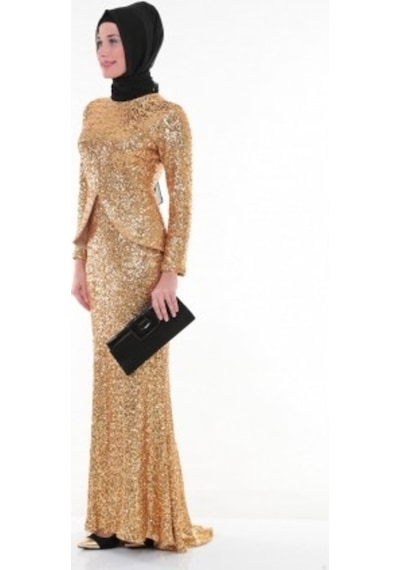 Nidya Moda Peplumlu Dore Payet Elbise-4047D Altın