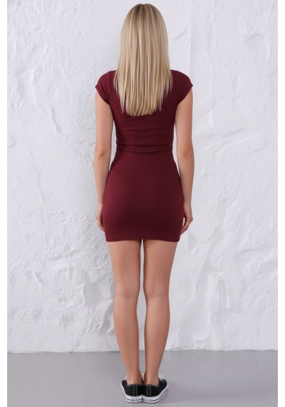 Defymoda Kadın Bordo Bisiklet Yaka %95 Pamuklu Fitilli Likralı Kaşkorse Slim Fit Basic Mini Elbise Bordo