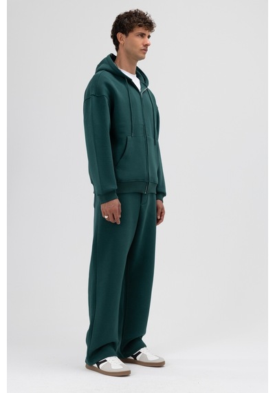 Vamos Basic Fermuarlı Oversize Kapüşonlu Sweatshirt Nefti Yeşil
