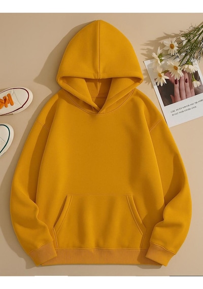 Benroma Baskısız Ünisex Kapüşonlu Sweatshırt Sarı