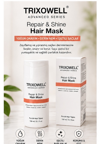 Trixowell Advanced Series Repair & Shine Yoğun Onarıcı Ve Nemlendirici Saç Bakım Maskesi Argan Yağı, Jojoba Yağı, Vitamin E, Seramid 150 Ml
