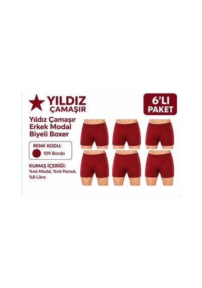 Yıldız Çamaşır Erkek Modal Biyeli Boxer 105-106-107-108-109 - 6 Adet Bordo