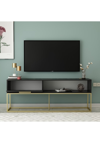 Mira Tv Ünitesi 160 Cm Kapaklı Ve Raflı, Gold Ayak, Modern Tasarım - Siyah/gold Siyah/gold Mira Tv Ünitesi 160 Cm Kapaklı Ve Raflı, Gold Ayak, Modern Tasarım - Siyah/gold Siyah/gold