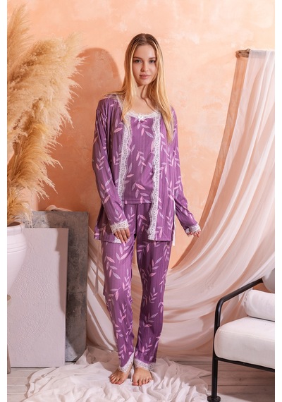 Nisanca Sabahlıklı Dantel Detaylı Pegasus Kadın Pijama Takımı-çeyizlik Takım- Geniş Beden Aralığı Lila