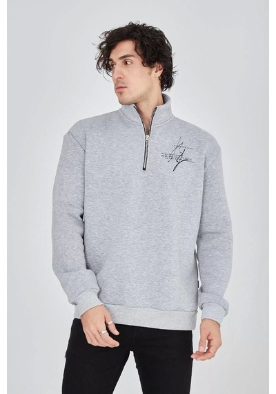 Erkek Yarım Fermuarlı Baskılı Sweat - Gri