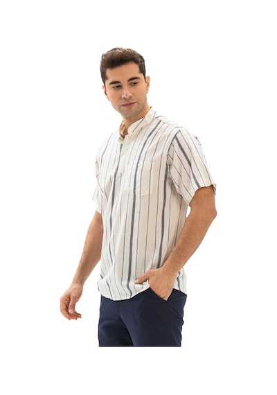Kısa Kol Şile Bezi Tek Cepli Hakim Yaka Erkek Yazlık Tshirt Ekru Gri Çizgili 3028 Ekru Gri Çizgili Ekru - Gri