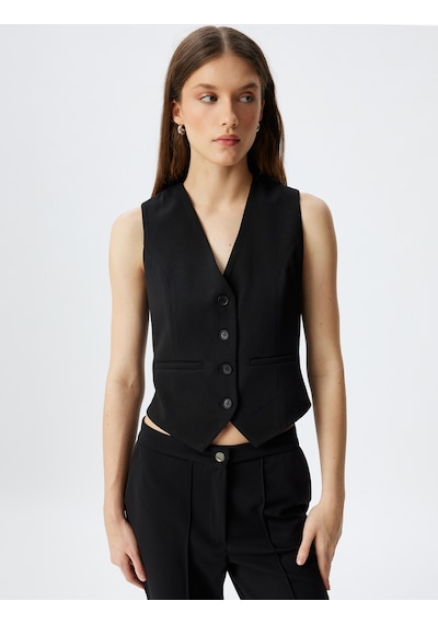Koton Blazer Ceket Düğmeli V Yaka Slim Fit Krep Scuba Kumaş Siyah 5wak10173ek Siyah